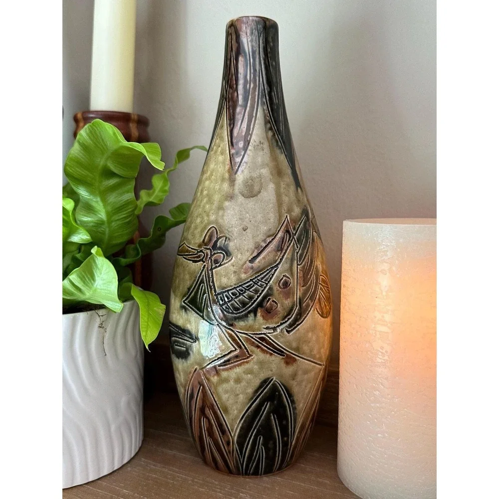 Vintage Otagiri OMC Japan Pottery Vase Abstract Bird Flower Design